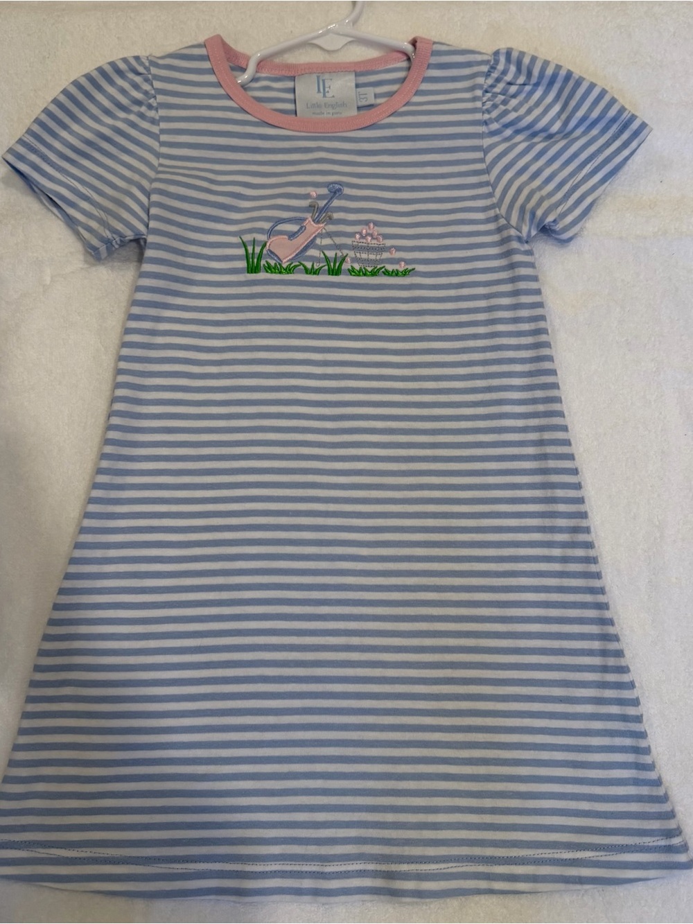 Little English Light Blue & White Striped dress with Pink Trim